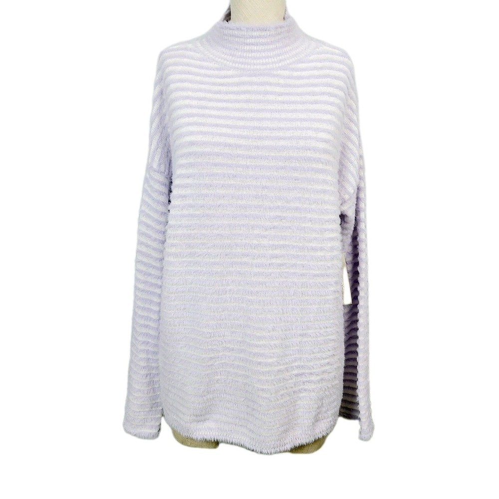 NEW‎ Chicos Sweater 2 (L) Lavender Ivory Stripe Soft Fuzzy Oversized Mockneck